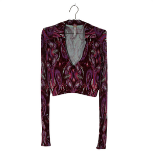 Free People burgundy and purple ribbed knit top with deep v neckline, pointed co